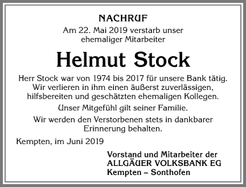 Traueranzeige von Helmut Stock von Allgäuer Anzeigeblatt