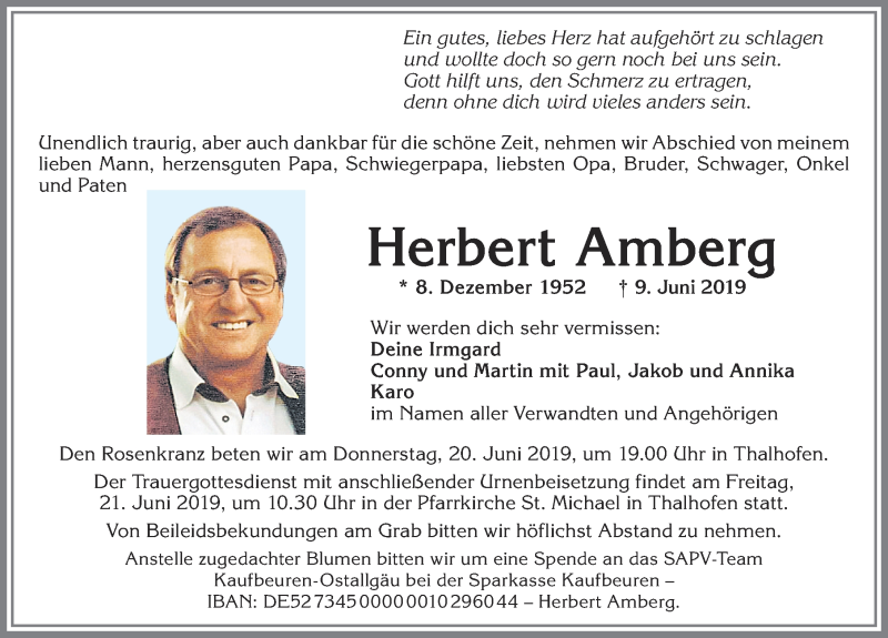  Traueranzeige für Herbert Amberg vom 18.06.2019 aus Allgäuer Zeitung, Marktoberdorf