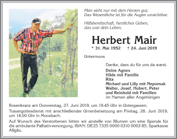 Traueranzeige von Herbert Mair von Allgäuer Zeitung,Kempten