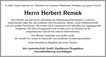 Traueranzeige von Herbert Remek von Allgäuer Zeitung, Kaufbeuren/Buchloe