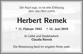 Traueranzeige von Herbert Remek von Allgäuer Zeitung, Kaufbeuren/Buchloe