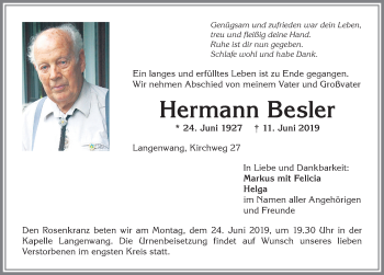 Traueranzeige von Hermann Besler von Allgäuer Anzeigeblatt