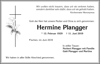 Traueranzeige von Hermine Plangger von Allgäuer Anzeigeblatt