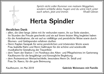 Traueranzeige von Herta Spindler von Allgäuer Zeitung, Kaufbeuren/Buchloe