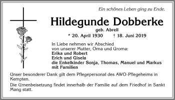 Traueranzeige von Hildegunde Dobberke von Allgäuer Anzeigeblatt
