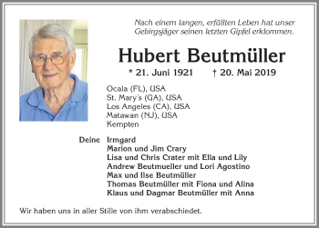 Traueranzeige von Hubert Beutmüller von Allgäuer Zeitung,Kempten