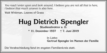 Traueranzeige von Hug Dietrich Spengler von Allgäuer Zeitung,Kempten
