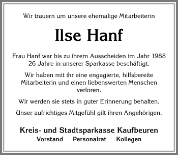 Traueranzeige von Ilse Hanf von Allgäuer Zeitung, Kaufbeuren/Buchloe