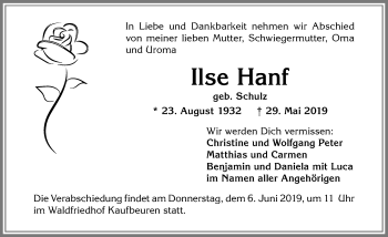 Traueranzeige von Ilse Hanf von Allgäuer Zeitung, Kaufbeuren/Buchloe