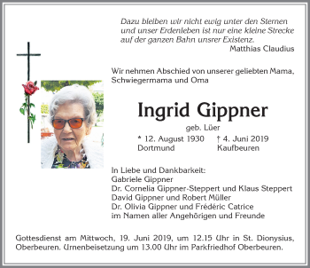 Traueranzeige von Ingrid Gippner von Allgäuer Zeitung, Kaufbeuren/Buchloe