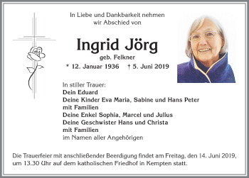 Traueranzeige von Ingrid Jörg von Allgäuer Zeitung,Kempten