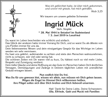 Traueranzeige von Ingrid Mück von Allgäuer Zeitung,Kempten