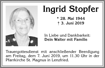 Traueranzeige von Ingrid Stopfer von Allgäuer Zeitung,Kempten