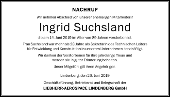 Traueranzeige von Ingrid Suchsland von Der Westallgäuer