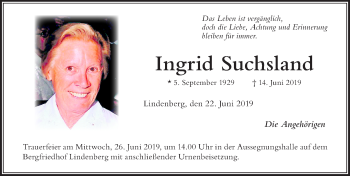 Traueranzeige von Ingrid Suchsland von Der Westallgäuer