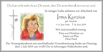 Traueranzeige von Irma Kurzius von Allgäuer Zeitung, Füssen