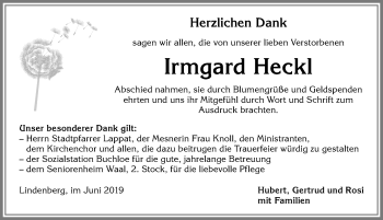 Traueranzeige von Irmgard Heckl von Allgäuer Zeitung, Kaufbeuren/Buchloe