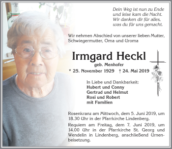 Traueranzeige von Irmgard Heckl von Allgäuer Zeitung, Kaufbeuren/Buchloe
