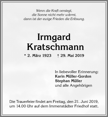 Traueranzeige von Irmgard Kratschmann von Allgäuer Anzeigeblatt