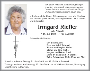 Traueranzeige von Irmgard Riefler von Allgäuer Zeitung, Kaufbeuren/Buchloe