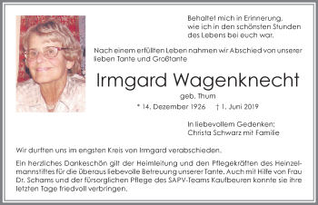 Traueranzeige von Irmgard Wagenknecht von Allgäuer Zeitung, Kaufbeuren/Buchloe