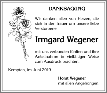 Traueranzeige von Irmgard Wegener von Allgäuer Zeitung,Kempten