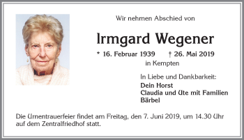 Traueranzeige von Irmgard Wegener von Allgäuer Zeitung,Kempten