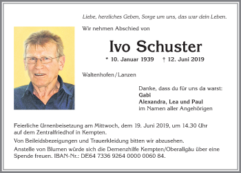 Traueranzeige von Ivo Schuster von Allgäuer Zeitung,Kempten