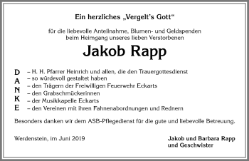 Traueranzeige von Jakob Rapp von Allgäuer Anzeigeblatt