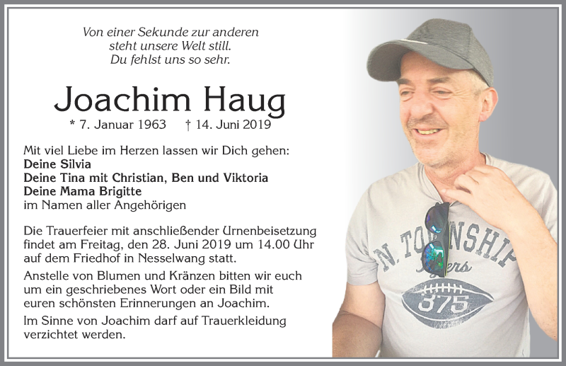  Traueranzeige für Joachim Haug vom 25.06.2019 aus Allgäuer Zeitung, Füssen