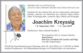 Traueranzeige von Joachim Kreyssig von Allgäuer Zeitung, Kaufbeuren/Buchloe
