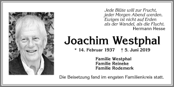 Traueranzeige von Joachim Westphal von Allgäuer Zeitung, Kaufbeuren/Buchloe