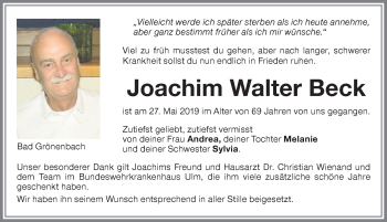 Traueranzeige von Joachim Walter Beck von Memminger Zeitung