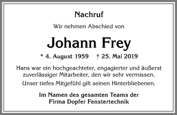 Traueranzeige von Johann Frey von Allgäuer Zeitung, Füssen