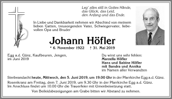 Traueranzeige von Johann Höfler von Allgäuer Zeitung, Kaufbeuren/Buchloe