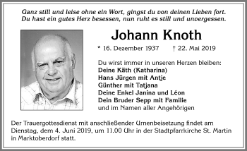 Traueranzeige von Johann Knoth von Allgäuer Zeitung, Marktoberdorf