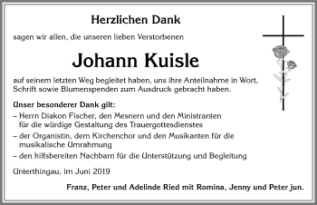 Traueranzeige von Johann Kuisle von Allgäuer Zeitung, Marktoberdorf