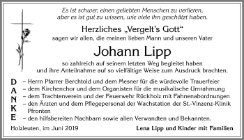 Traueranzeige von Johann Lipp von Allgäuer Zeitung, Füssen