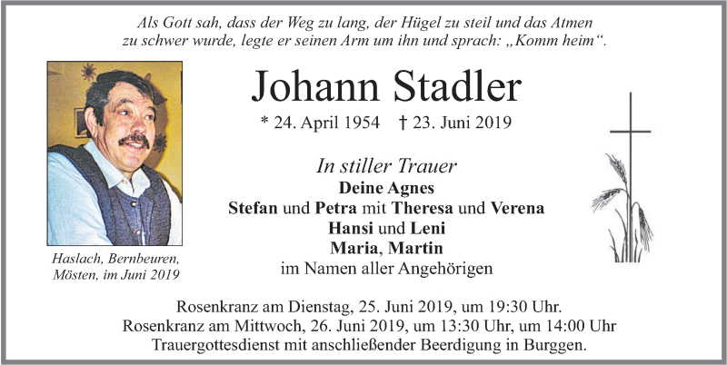  Traueranzeige für Johann Stadler vom 25.06.2019 aus Allgäuer Zeitung, Marktoberdorf