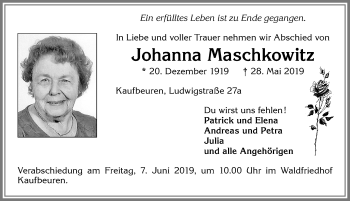 Traueranzeige von Johanna Maschkowitz von Allgäuer Zeitung, Kaufbeuren/Buchloe
