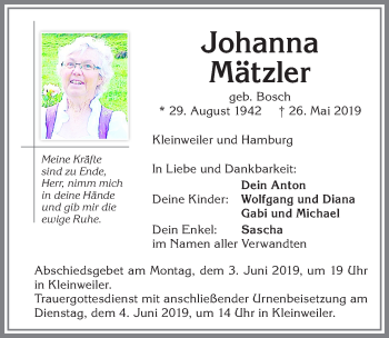 Traueranzeige von Johanna Mätzler von Allgäuer Zeitung,Kempten