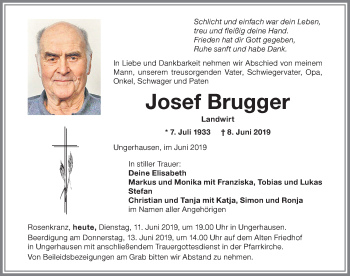 Traueranzeige von Josef Brugger von Memminger Zeitung