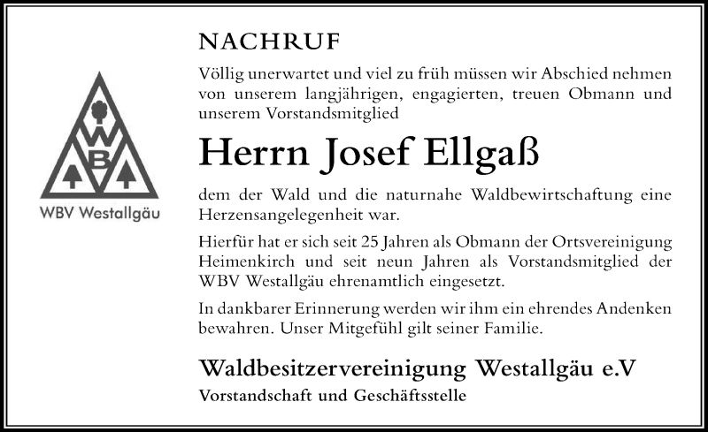  Traueranzeige für Josef Ellgaß vom 13.06.2019 aus Der Westallgäuer