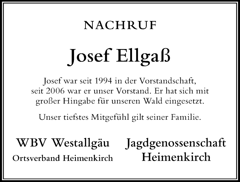  Traueranzeige für Josef Ellgaß vom 12.06.2019 aus Der Westallgäuer