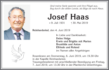 Traueranzeige von Josef Haas von Allgäuer Zeitung