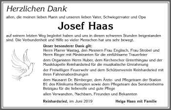 Traueranzeige von Josef Haas von Allgäuer Zeitung