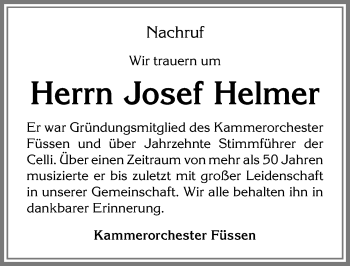 Traueranzeige von Josef Helmer von Allgäuer Zeitung, Füssen