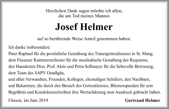 Traueranzeige von Josef Helmer von Allgäuer Zeitung
