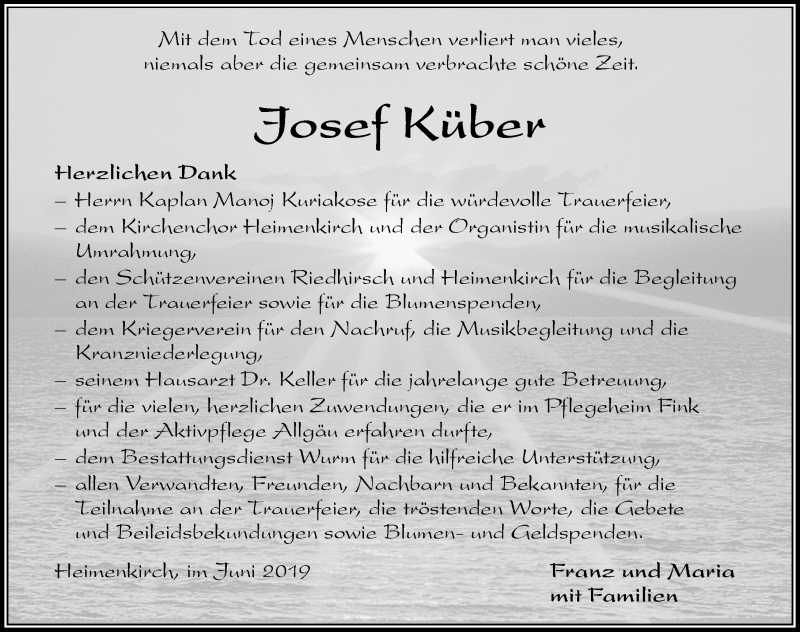  Traueranzeige für Josef Küber vom 01.06.2019 aus Der Westallgäuer