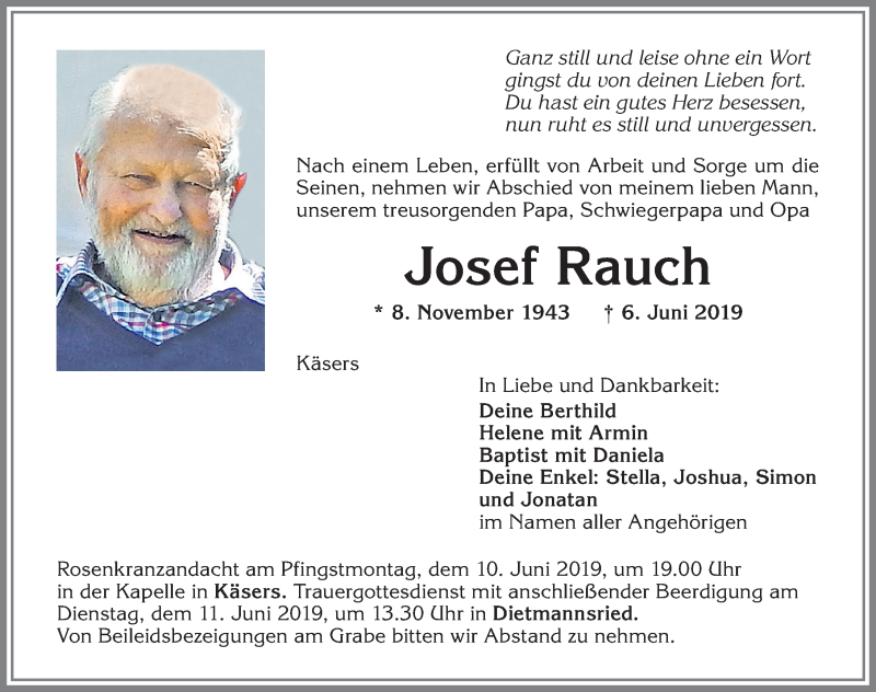  Traueranzeige für Josef Rauch vom 08.06.2019 aus Allgäuer Zeitung,Kempten